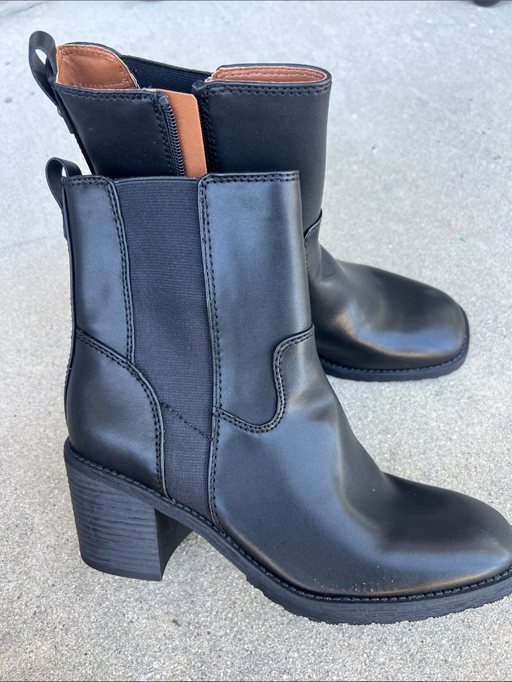 Zodiac Black Leather Ankle Boots with Tan Pull Tab